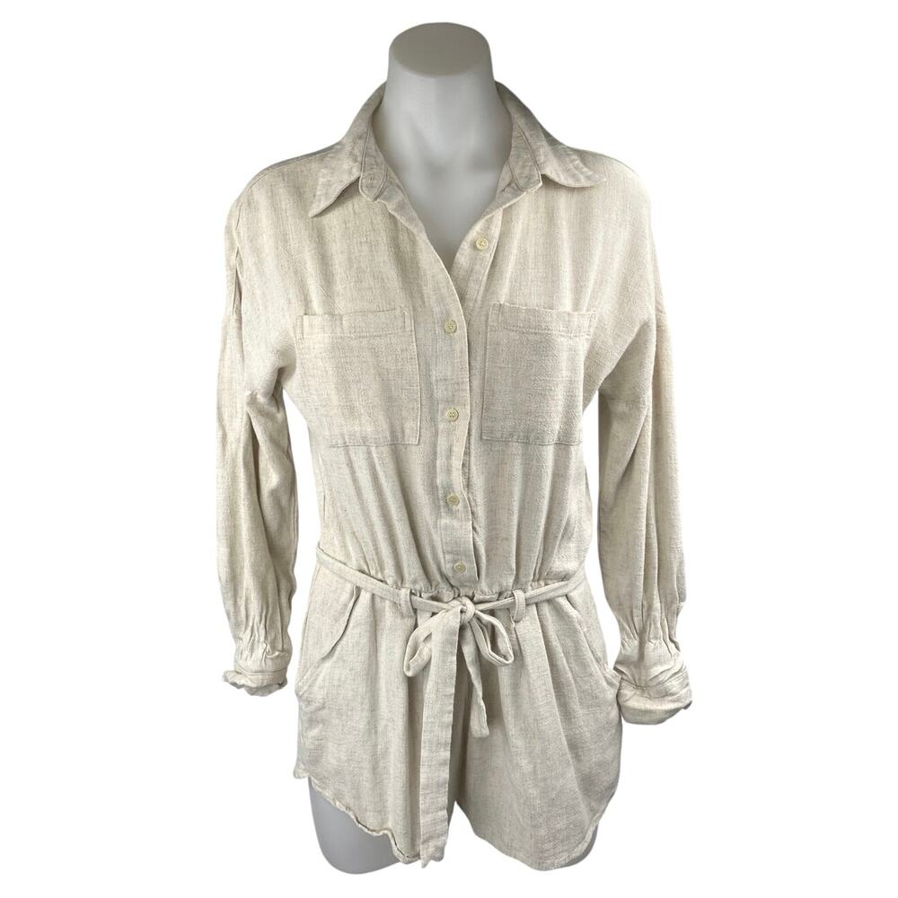 Gentle Fawn Cream Linen LOng Sleeve Colalr Button Down Wide Leg Shirt Romper XS - Picture 1 of 3